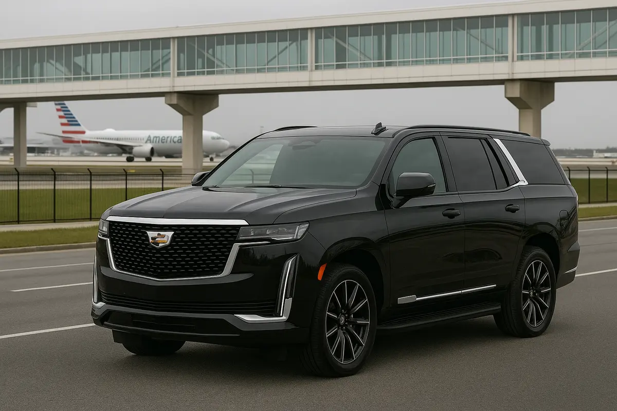Black Cadillac Escalade SUV waiting curbside at the airport with an American Airlines plane in the background, ideal for luxury airport pickups and drop-offs.