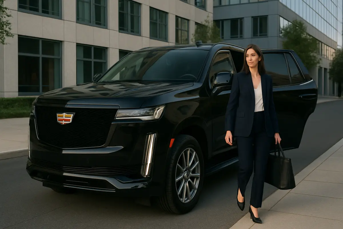 Businesswoman in a navy suit stepping out of a black Cadillac Escalade in front of a modern office building, representing professional corporate travel