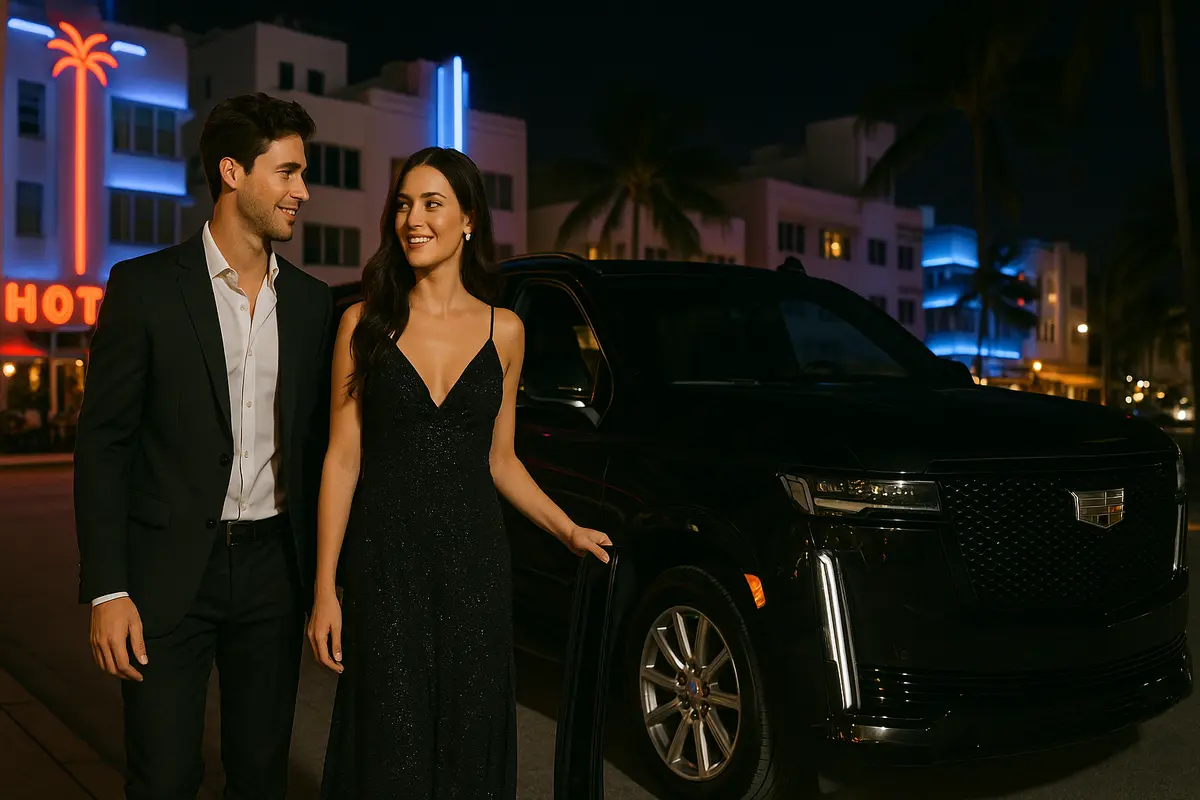 Elegant couple dressed for a night out standing beside a black Cadillac Escalade on Ocean Drive in Miami, with neon hotel lights glowing in the background.